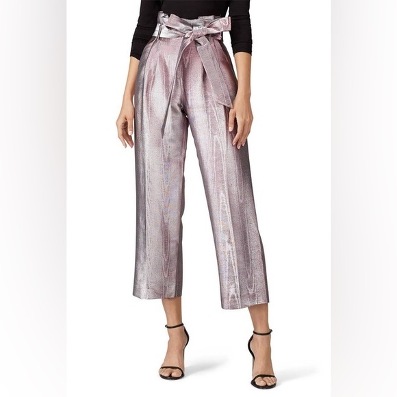 Badgley Mischka Pants - BADGLEY MISHKA Pink Metallic Paper Bag Cropped Wide Leg Pants